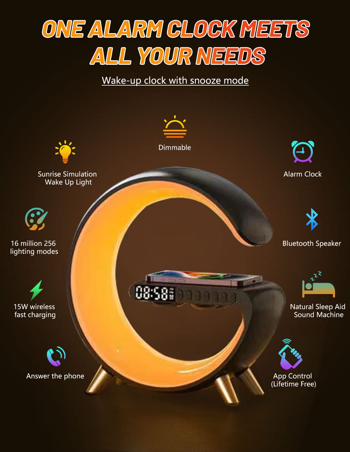 6 in 1 Alarm Clock With Sunrise Table Lamp